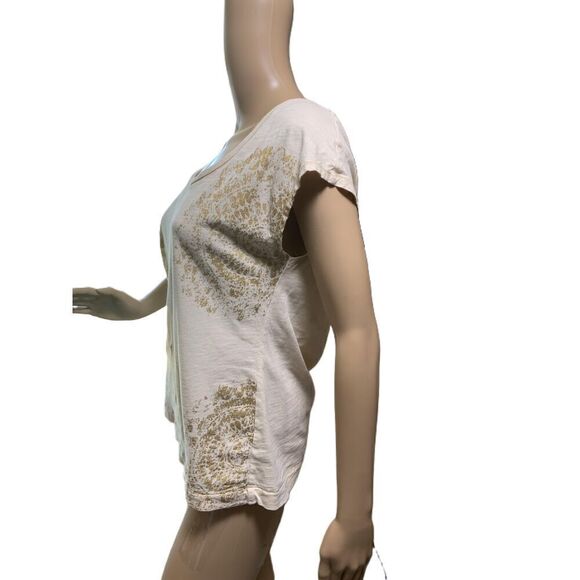 Ann Taylor Beige & Gold Glitter Short Sleeve Scoop Neck Printed T-Shirt Size PM - Picture 8 of 12
